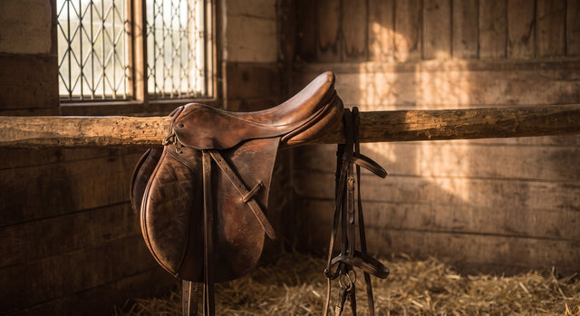 A leather saddle and bridle in a tack room