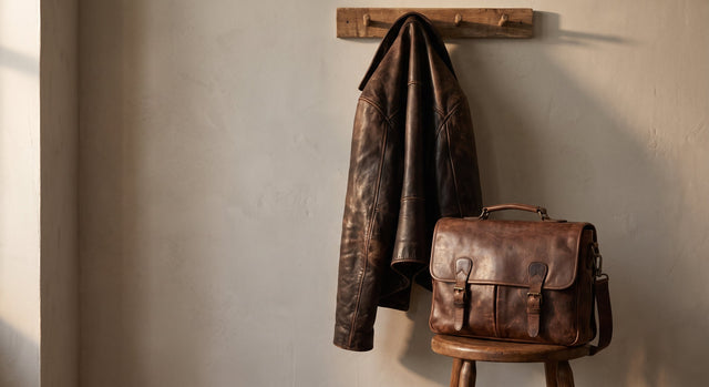 A leather jacket and handbag