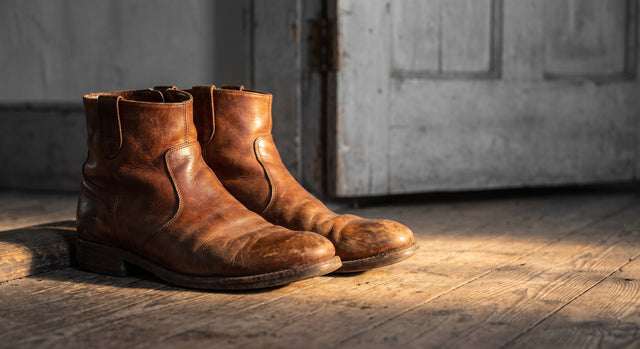 Worn leather boots on a timber floor