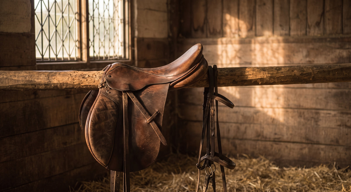A leather saddle on a rail in a stable